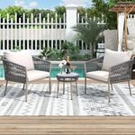 DEVOKO 3 Piece Patio Rope Set Outdoor Woven Rope Conversation Balcony Furniture with Glass Top Table and Cushioned Chairs for Garden (Grey and White)