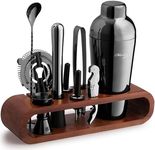Mixology Bartender Kit: 10-Piece Black Bar Set Cocktail Shaker Set with Stylish Mahogany Stand | Perfect Home Bartending Kit with Gun Metal Bar Tools and Martini Shaker for Foolproof Drink Mixing