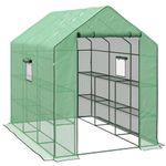 Outsunny Walk-in Greenhouse with 3 Tier Shelves, Outdoor Green House Garden Grow House with Reinforced PE Cover, Roll-up Door and Mesh Windows, 140 x 213 x 190cm, Green