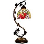 WERFACTORY Tiffany Table Lamp Red Rose Style Stained Glass Reading Desk Light with Metal Leaf Base 6X10X21 Inches Decor Small Space Bedroom Home Office S001 Series