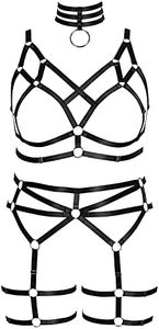 Women's Body Harness Bra Fashion Plus Size Cage Bra Cutout Stockings Garter Set Punk Gothic Carnival Dance Costume (Black B)