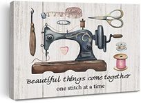 Retro Sewing Machine Art Wall Decor Beautiful Things Come Together Quote Canvas Print Farmhouse Framed Painting for Sewing Lover Home Sewing Room Wall & Tabletop Decor