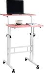 Mind Reader Mobile Sitting Standing Desk Rolling Reversible Home Office Laptop Workstation with Side Storage, Locking Wheels, Large, Pink