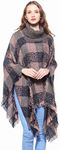 Belle Dame Women's Plaid Turtleneck Knit Poncho Batwing Tassels Shawl Cape Pullover Sweater Cloak High Collar (CP122-PK)