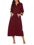 Ekouaer Women Zipper Robe 3/4 Sleeves Loungewear Full Length Sleepwear Pockets Housecoat Long Soft Bathrobe Red M