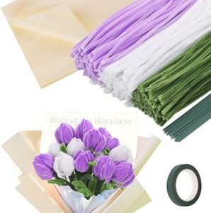 300 Pieces Pipe Cleaners Flower Kit, 3 Color Pipe Cleaners Crafts Bulk for DIY Tulip Bouquet, 11.8 inch Chenille Stems Flower Making Kit with Floral Tape and Stems