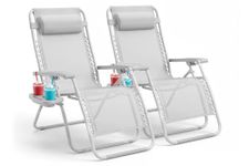 KEPLIN Set of 2 Heavy Duty Zero Gravity Chairs – Padded Garden Recliners with Locking System, 160° Recline, Adjustable Pillow, Removable Tray with Cup & Phone Holders, 110kg Capacity (Light Grey)