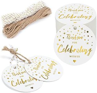 joycraft Thank You for Celebrating with Us Tags, 100Pcs Thank You Gift Tags with String, 2" Gold Foil White Paper Labels, Personalized Celebrating Tags for Gift Wrapping Weddings Baby Shower Holiday