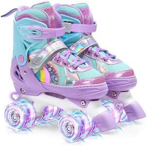 OLYSPM Rollschuhe Kinder Rollschuhe Verstellbar Rollschuhe Damen,LED Rollschuhe und 4 Größen verstellbar,Rollschuhe mit Aufbewahrungstasche für Mädchen,Jungen und Anfänger(Lila)