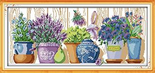 YEESAM ART Cross Stitch Kits, Flower Pot On The windowsill 14CT Counted Easy Embroidery Set White Canvas DMC Fabric DIY Handmade Needlework kit (14ct Unprinted)
