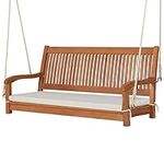 Tangkula 2 Person Hanging Porch Swing, Outdoor Bench Swing with Hanging Ropes, High Back, Cozy Armrests, Heavy Duty 800Lbs Wooden Hanging Swing Chair with Cushion for Backyard, Deck, Garden Natural