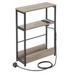 VASAGLE Slim Side Table with Charging Station, 3-Tier Narrow Bedside Table, End Table for Small Spaces, Magazine Rack, for Living Room, Bedroom, Study, Heather Greige and Ink Black LET335K06