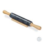 Relaxdays 10028837_46 Marble Rolling Pin, Wooden Handles, Roller for Cooking and Baking, with Stand, Heavy, Black, Wood
