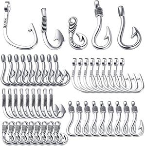 BronaGrand Fish Hooks Charms, 50pcs Antique Silver Fishhook Pendants Charm Fish Hook Bead Charms for DIY Bracelet Necklace Keychains Jewelry Crafts Making Supplies, 5 Styles