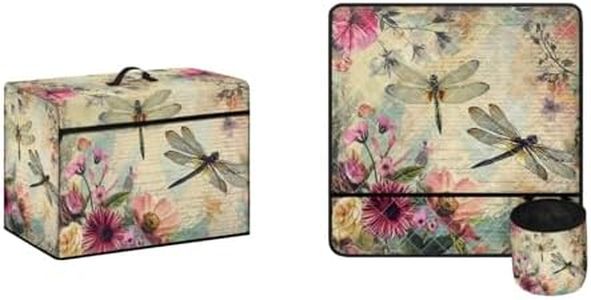 Kathyboom Dragonfly Flower Sewing Machine Dust Cover & Sewing Machine Table Mat, Set of 2 Muffling Mat Organizer for Sewing Machine Durable Sew Machine Protective Cover