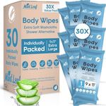 MintLeaf XL Deodorizing Body Wipes with Vitamin E Aloe Scent 9x11 | 30 Individually Packaged Thick Cleansing Natural Adult Shower Wipes | Hypoallergenic Washcloths Incontinence Camping Travel Gym