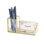 Feyarl Gold Glass Business Card Holder Pen Pencil Holder Clear Desktop Business Name Card Display Stand Organizer Case for Office Desktop Meeting Salons Countertop 2 Slots