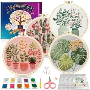 Huacan Embroidery Kit for Adults Beginner - Embroidery Kits 4 Pcs Stamped Stitch Practice Multiple Pattern Bouquet with 4 Hoops, DIY Sewing Kit with Gift Box 7.9 x 7.9 Inch