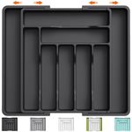 Lifewit Cutlery Drawer Organiser, Expandable Cutlery Tray for Kitchen Drawer, Adjustable Utensils and Silverware Holder, Plastic Flatware Spoons Forks Knives Holder Storage Insert, Large, Black