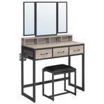 VASAGLE Dressing Table with Mirror and Stool, Vanity Table with Tri-Fold Mirror, 3 Drawers, Hair Dryer Holder, Makeup Desk, Industrial Style, Greige and Black RVT004B02