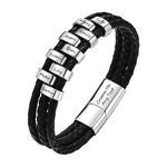 Personalised Mens Bracelets Leather Bracelet - Genuine Braided Leather Wristband with 9 Beads Engraved 1 to 9 Names for Men Him BFF, Family Friends Lover Gift for Birthday Christmas, Silver