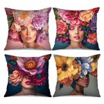 Tucocoo 4 Pcs Colorful Fashion Pillow Covers Square Pillow Cushion Cases 18x18 Inches, Beauty Lady Pillow Cases Decorative Modern Flowers Head Woman Pillowcase for Sofa Couch Car Throw Pillow Covers