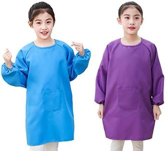 2 Pack Kids Art Smocks,Artist Painting Aprons Long Sleeve with Pocket Eating Gardening Toddler Smocks, Blue + Purple, L(8-12 Years)