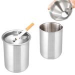 2 PCS Stainless Steel Ashtray Stylish Desktop Smoking Ash Tray Windproof Cigarette Ashtray with Funnel Lid for Indoor or Outdoor Use Home Office Garden Decoration (Silver)