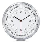 Lafocuse Metal Days of The Week Clocks for Retired People, Silent Day Clocks for Seniors, Silver Week Wall Clock for Living Room Decor Bedroom 12 Inch -Without Second Hand