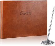 Leather Guest Book and Pen Stand Set, 10.5" x 8" Embossed Guests Sign in Book Registry Book for Funeral, Wedding Reception, Vacation Homes and Events, 80 Sheets (Brown)