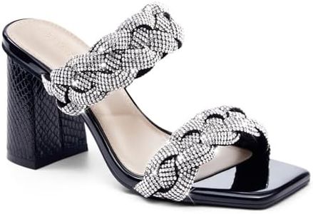 Syktkmx Womens Braided Heels Sandals Chunky Block Heel Double Strap Summer Dressy Sandal, Bright Black, Size 11