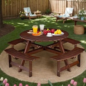 CKEASEAN 8 Person Wood Picnic Table, Outdoor Round Picnic Table with 4 Built-in Benches, Umbrella Hole, Outside Table and Bench Set for Patio, Backyard, 500lbs Capacity Per Bench (Brown, 8 Person)