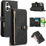 UEEBAI Wallet Case for iPhone 16, 9 Card Slots Retro Leather Wallet Flip Cover for Women with Hand Strap Card Slots Zipper Pocket Kickstand Handbag Magnetic Closure - Black