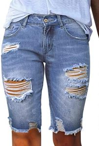 Sidefeel Women's Bermuda Shorts Stretchy Ripped High Rise Summer Jeans Cutoff Denim Shorts Sky Blue Size 14