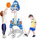 NUCARTURE 5 in 1 Kids Basketball Set at Home with Adjustable Stand Toddlers Basketball Hoop Indoor and Outdoor Children Football and Basketball Combo Kit for Girl and Boys Upto 5 Yrs (Blue)