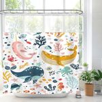 LGhtyro Kids Whale Shower Curtain Bathroom Set 71Wx71H Inches with Snap in Liner Bath Accessories Funny Cute Cartoon Fish Ocean Sealife Underwater Coral Starfish Art Home Decor Fabric 12 Pack Hooks