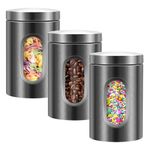 LYFJXX 3 Pieces Canisters Sets for the Kitchen, Stainless Steel Food Container Organizer with Transparent Window, Kitchen Counter Storage Jars for Coffee Tea Nuts Flour Sugar (Grey)