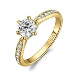 JewelryPalace Classic 0.5t Moissanite Solitaire Engagement Rings for Her, 14K Yellow Gold Plated 925 Sterling Silver Promise Ring for Her, Round Simulated Diamond Anniversary Wedding Rings D-F VVS N