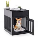 COSTWAY Dog Crate, Furniture Style Puppy Cage End Table with Wired & Wireless Charging, Drawer, Lockable Door and Soft Cushion, Indoor Pet Kennel for Small Dogs, 50 x 64 x 63 cm (Black)