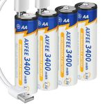 AXFEE 1.5V AA Lithium Rechargeable Batteries, High Capacity 3400mWh Rechargeable AA Battery with 2 in 1 USB Charging Cable, 1H Fast Charge, 1500 Cycles, Li-ion AA Batteries, 4 Pack with Storage Box