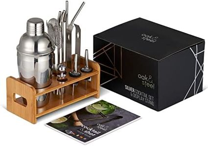 Oak & Steel - kit da Cocktail Completo - Set di 13 Shaker per Cocktail con Supporto in Legno e Ricettario