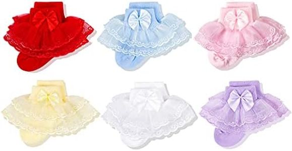 CozyWay Baby-Girls Lace Frilly Ruffle Socks Newborn Infants Eyelet Trim Ankle Dress Socks With Bow 6 Pairs 6-18 Months