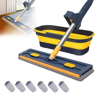 Shukitechi Mop and Bucket Set, Large Flat Mop with 360° Spinning Head, Self-Wringing Bucket, Reusable Microfiber Wet/Dry Pads, Folding Bucket, Floor and Window Cleaning, Hardwood and Tile Floors