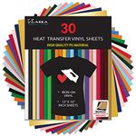 Kassa HTV Assorted Colors Heat Transfer Vinyl: 30 Sheets, 12x10 inches Each; Iron-On or Heat Press Vinyl for T-Shirts, Clothing & Textiles; Includes Teflon Sheet & Weeding Tool for Easy Transfers