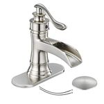 Homevacious Waterfall Bathroom Sink Faucet Single Handle Brushed Nickel Satin Vanity Basin Lavatory With Pop Up Drain Assembly With Overflow One Hole Lever Commercial Deck Mount Supply Lines Lead-Free