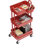 SimpleHouseware 3-Tier Rolling Utility Cart with Hanging Buckets, Red