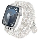 V-MORO Compatible with Apple Watch Band Pearl Series 9/8/7 41mm/40mm Women Fancy Handmade Beaded Elastic Bracelet Bling Jewelry Stretch Strap for iwatch SE Series 6/5/4/3/2/1(Pure White, 38/40/41mm)