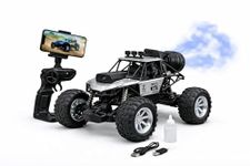 Brand Conquer Rock Crawler with HD Video Camera & Mobile App Control, 60+ Ft Range, Mist Spray Off-Road Truck, Rechargeable with Type-C Port, Shock Absorber All Terrain Toy Car (Silver)