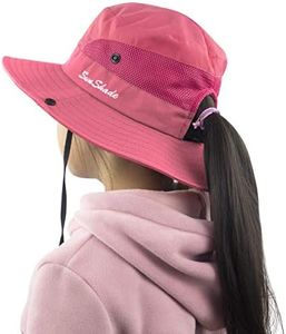 Muryobao Kids Girls Ponytail Summer Sun Hat Wide Brim UV Protection Bucket Cap, Pure Watermelon Red, One Size