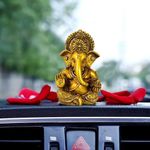 Tied Ribbons Ganesh Statue for Car Dashboard | Resin, 3.7 inch | Gold Ganesha Statue for Home, Office, Desk, Pooja | Baby Ganesha Statues | Ganesha Festival Decoration | Diwali Gifts